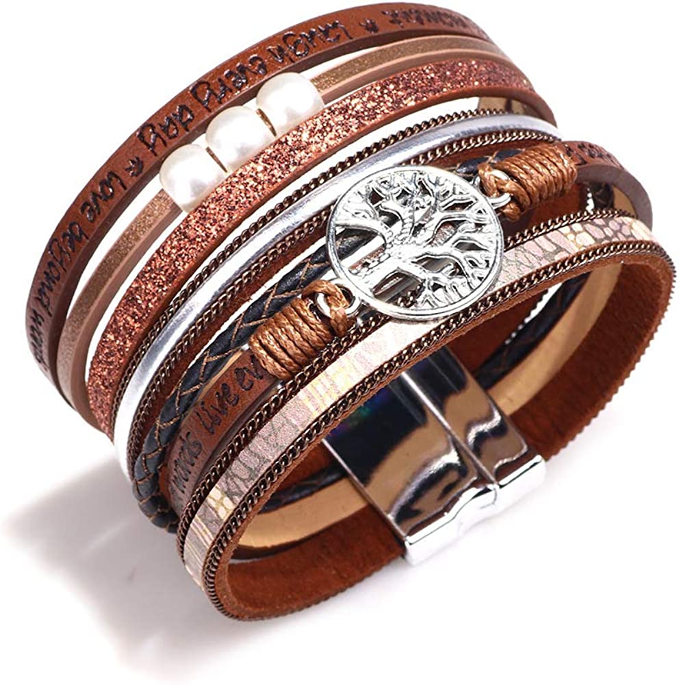 Fesciory Leopard Bracelet for Women, Boho Leather Wrap Multi-Layer Pearl Crystal Bracelet Bangle Jewelry - Image 2